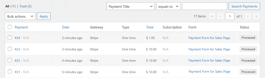 WPForms payment table sales page form