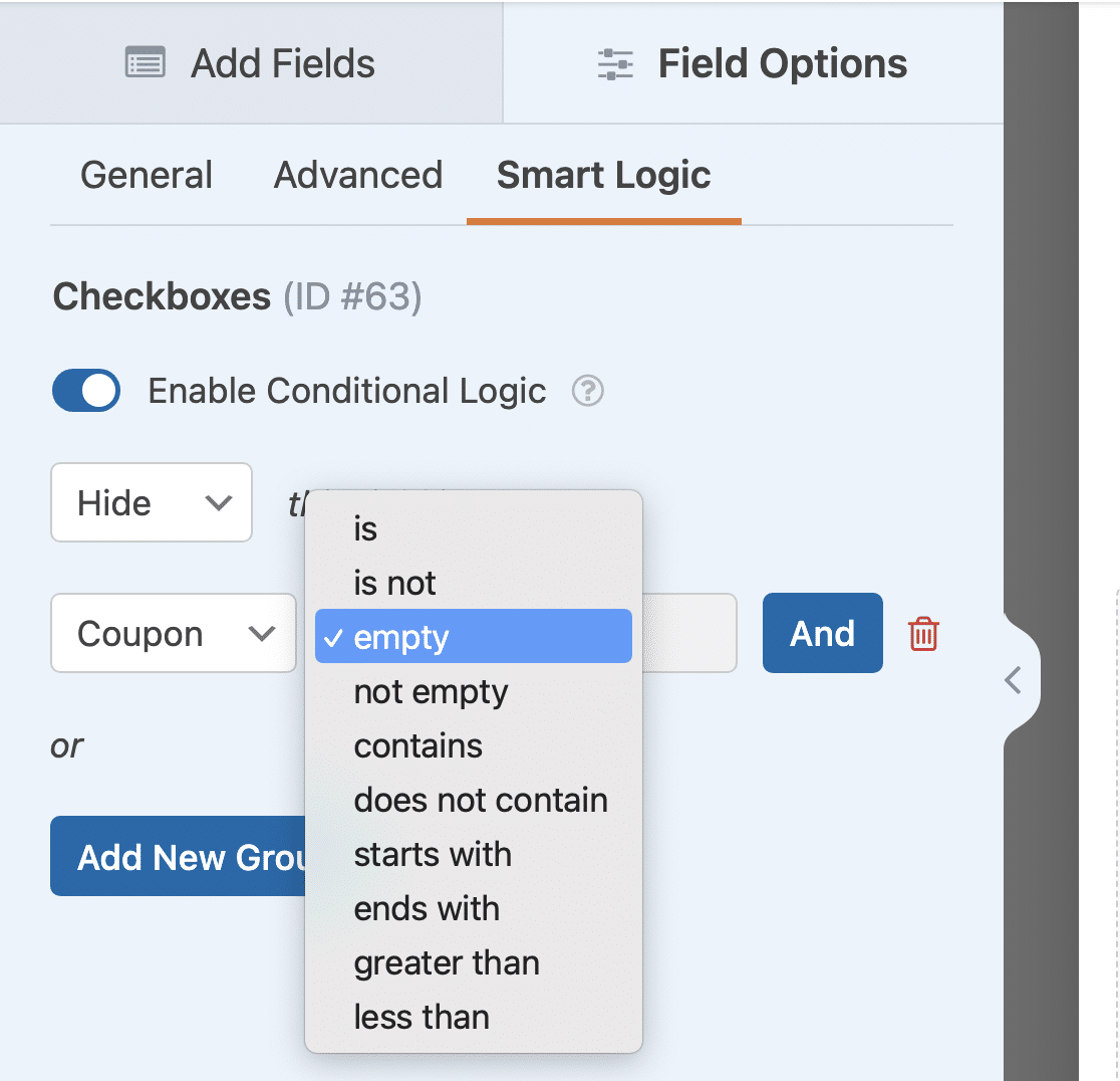 Set conditional logic rules to hide the coupon disclaimer unless a coupon is entered