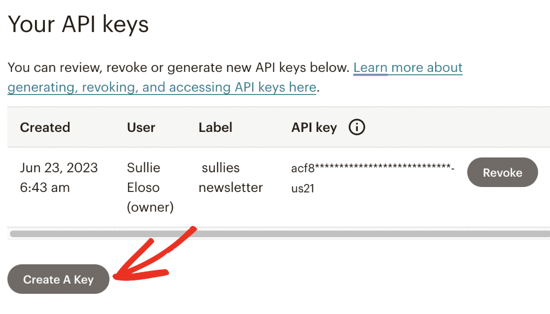 Creating a new Mailchimp API key