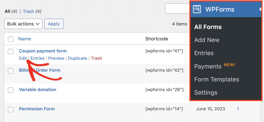 Edit payment form