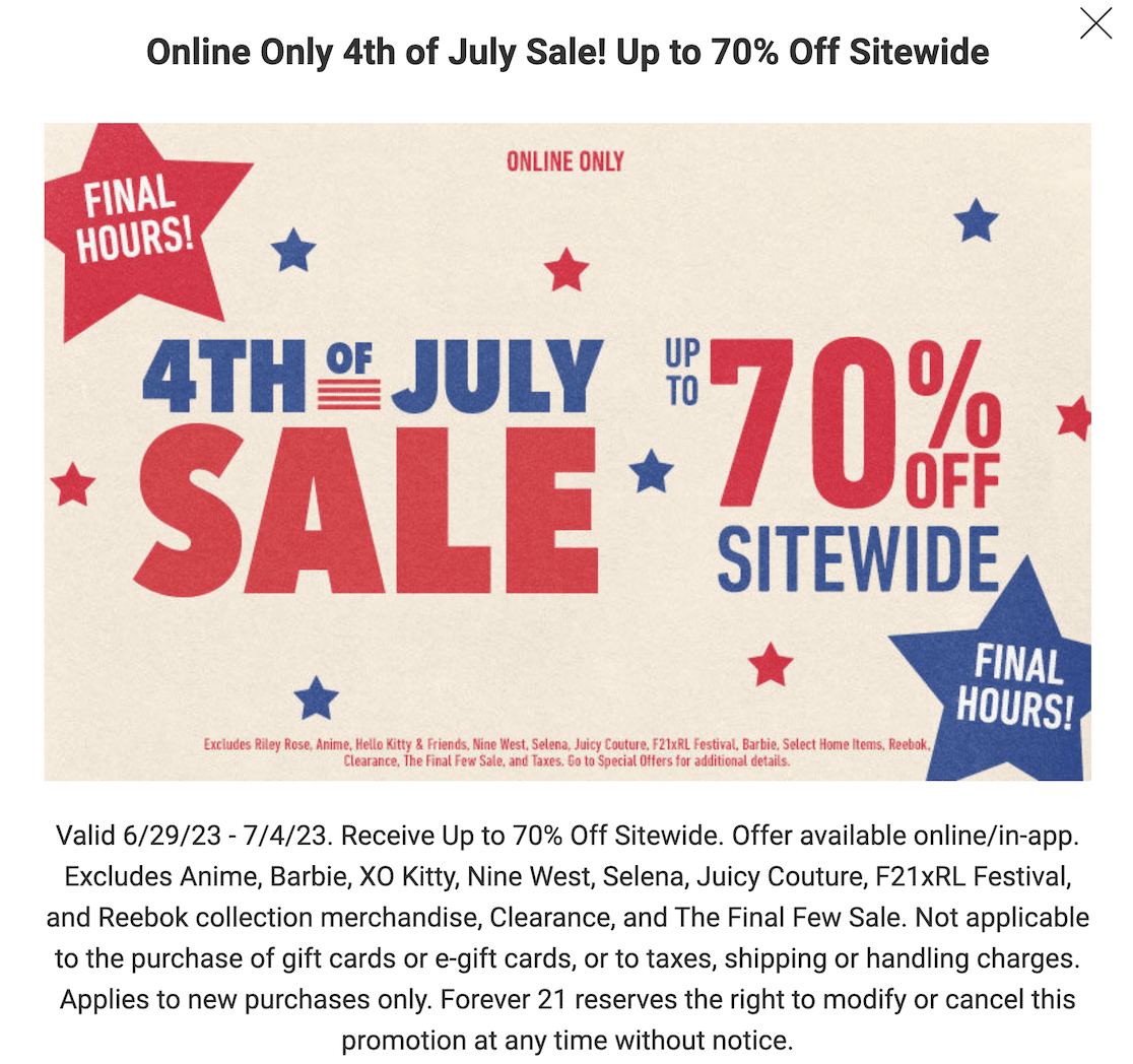 Screenshot of Forever 21 coupon with coupon wording examples