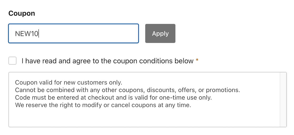 Payment form with coupon and disclaimer