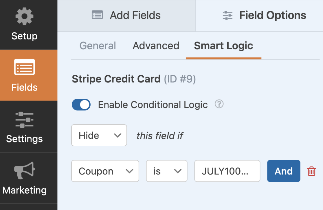 Stripe field conditional logic rule