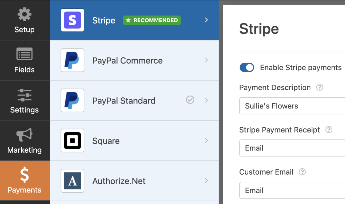Stripe settings page in the form builder