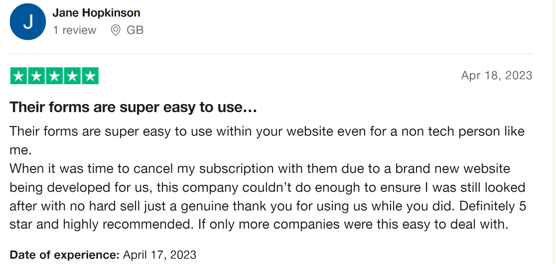WPForms Trustpilot review 1