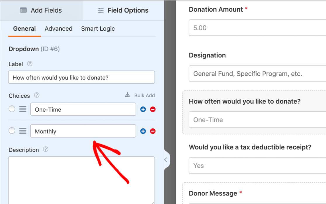Adding monthly option to donation dropdown