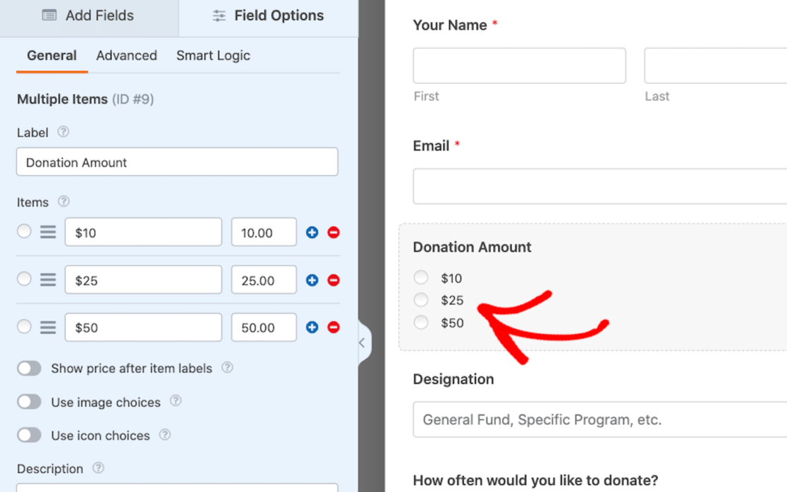 Adding donation amount to multiple items field