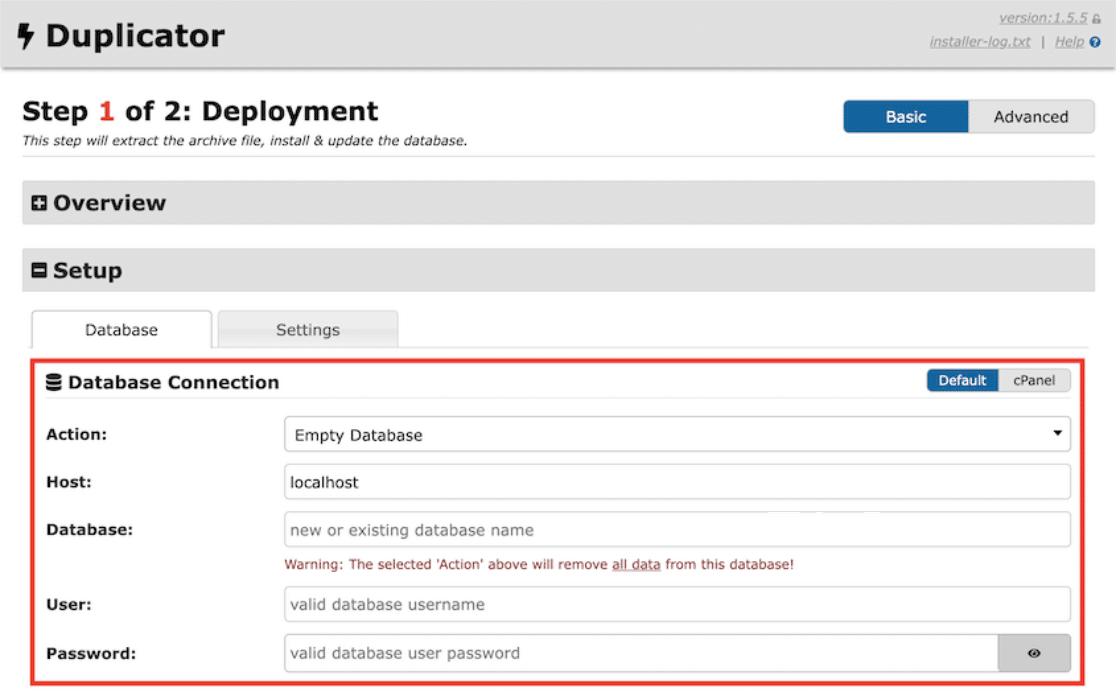 Duplicator Lite database connection