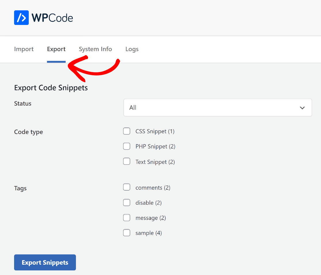 Export snippets WPCode