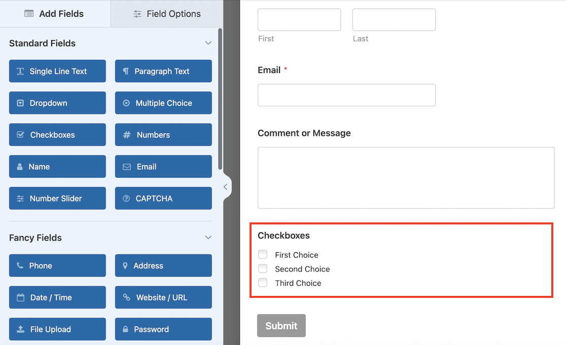 Add checkboxes field to form
