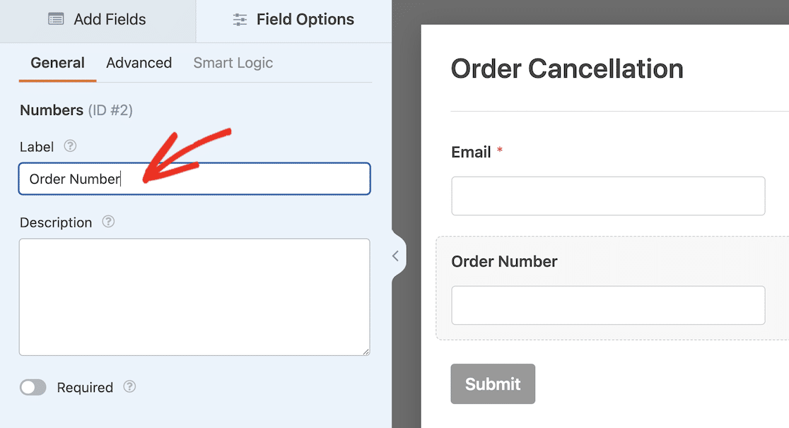 Change numbers label to "order number"