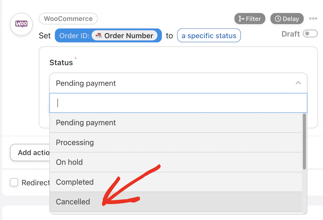 Choose "cancelled" as order status to set