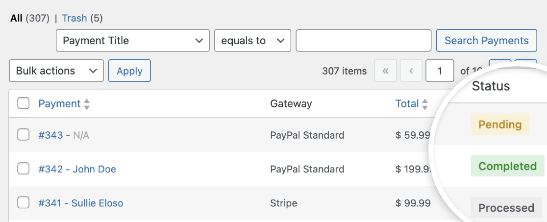 WPForms payment statuses