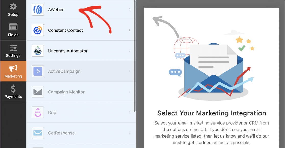 Select Aweber as your marketing integration