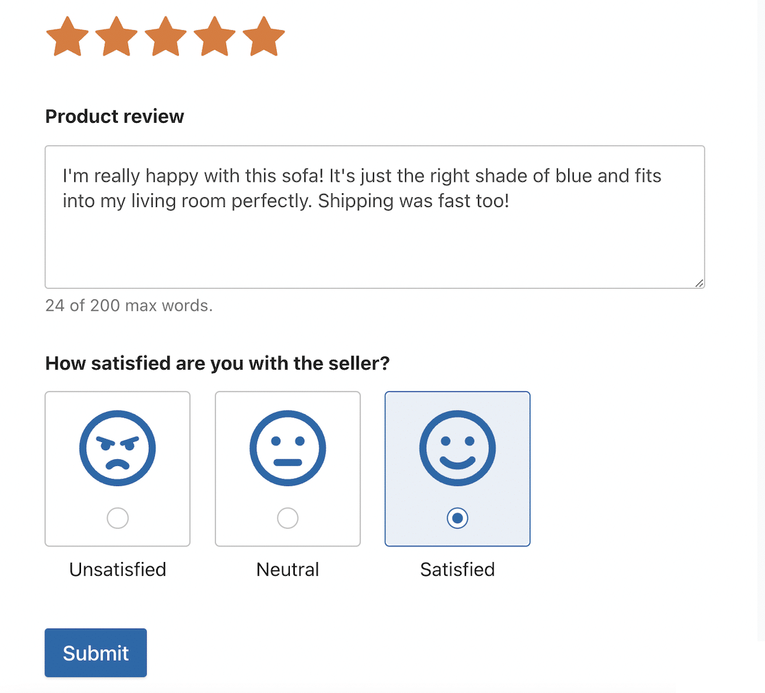 A product review form created in WPForms - one of the best product review plugins for WordPress