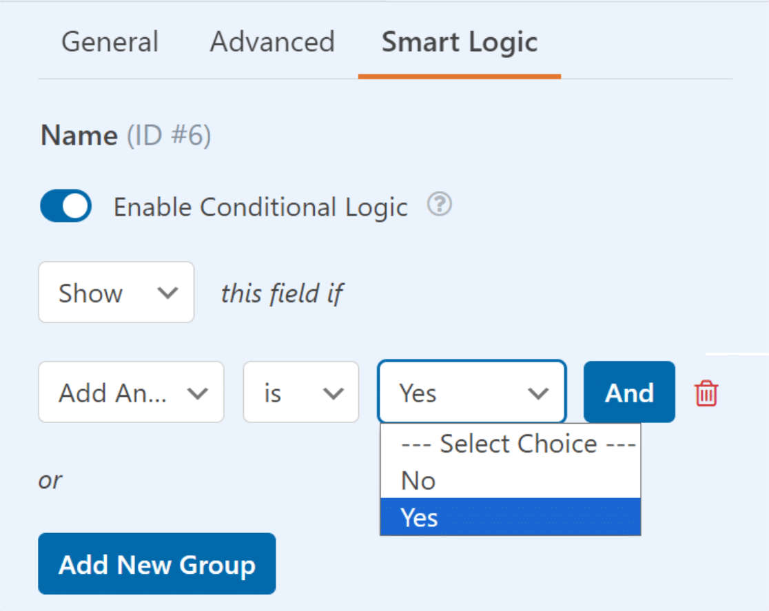 Conditional logic show field if yes