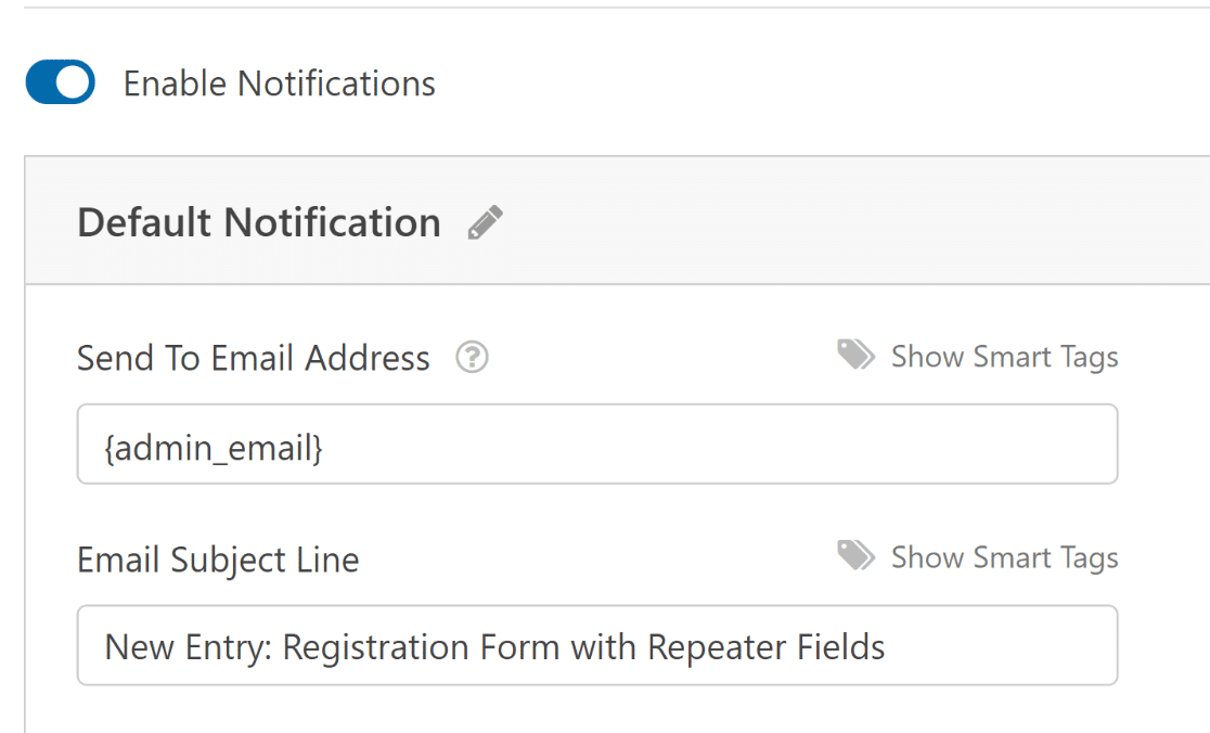 Enable form notifications for repeater field form