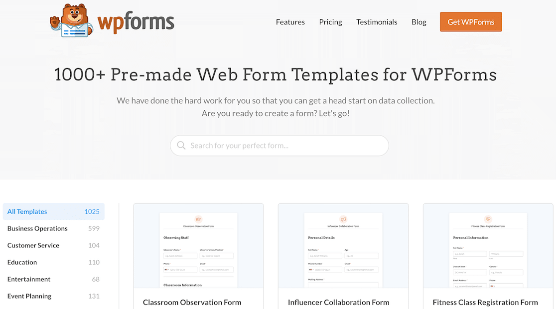 WPForms templates page