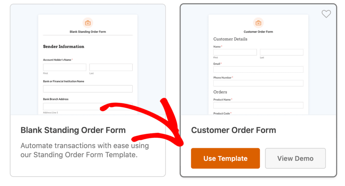 Selecting the customer order form template