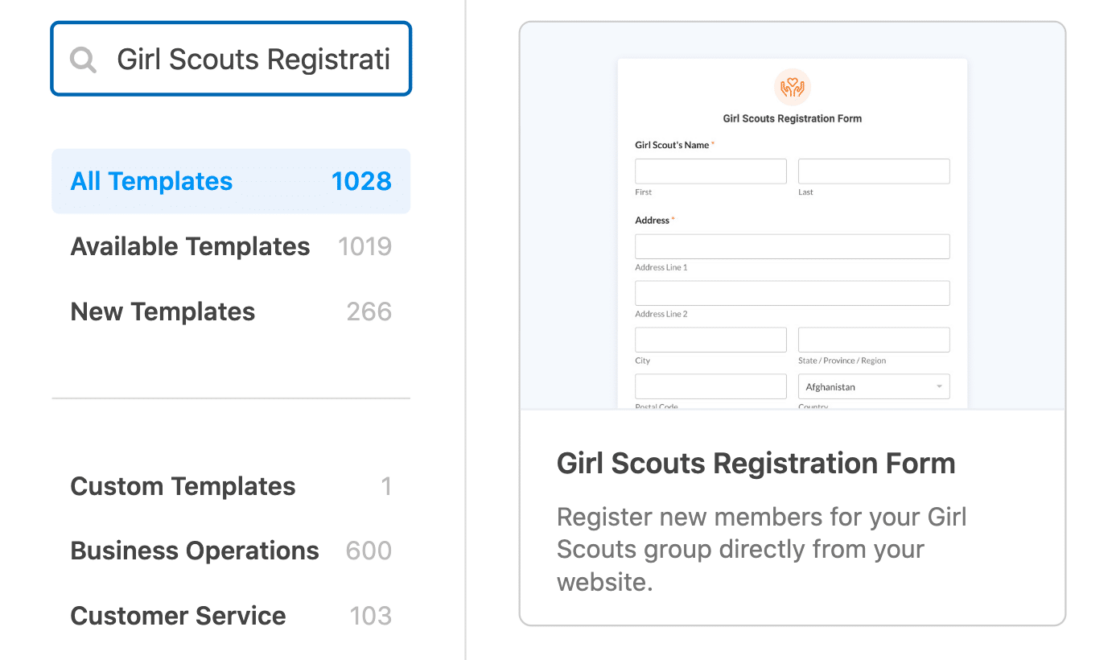 Selecting the girl scouts registration form template