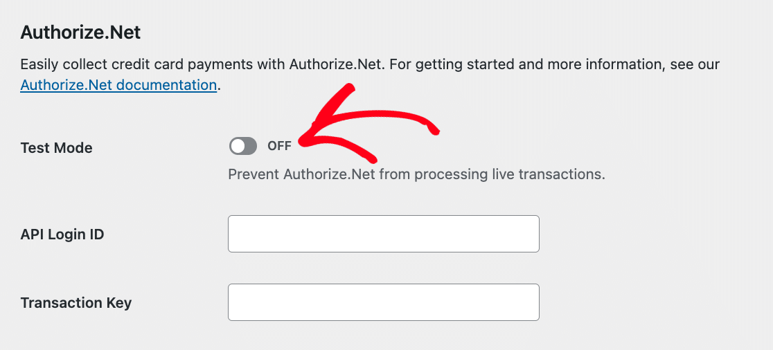 Turning off Test Mode for Authorize.Net in WPForms