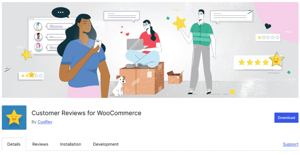 WooCommerceサイトの顧客レビューを表す、コメントや星を持つ人々を示すイラスト。