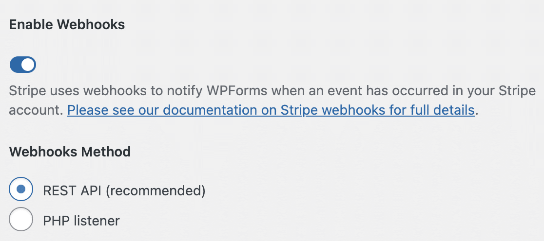 Stripe webhooks settings