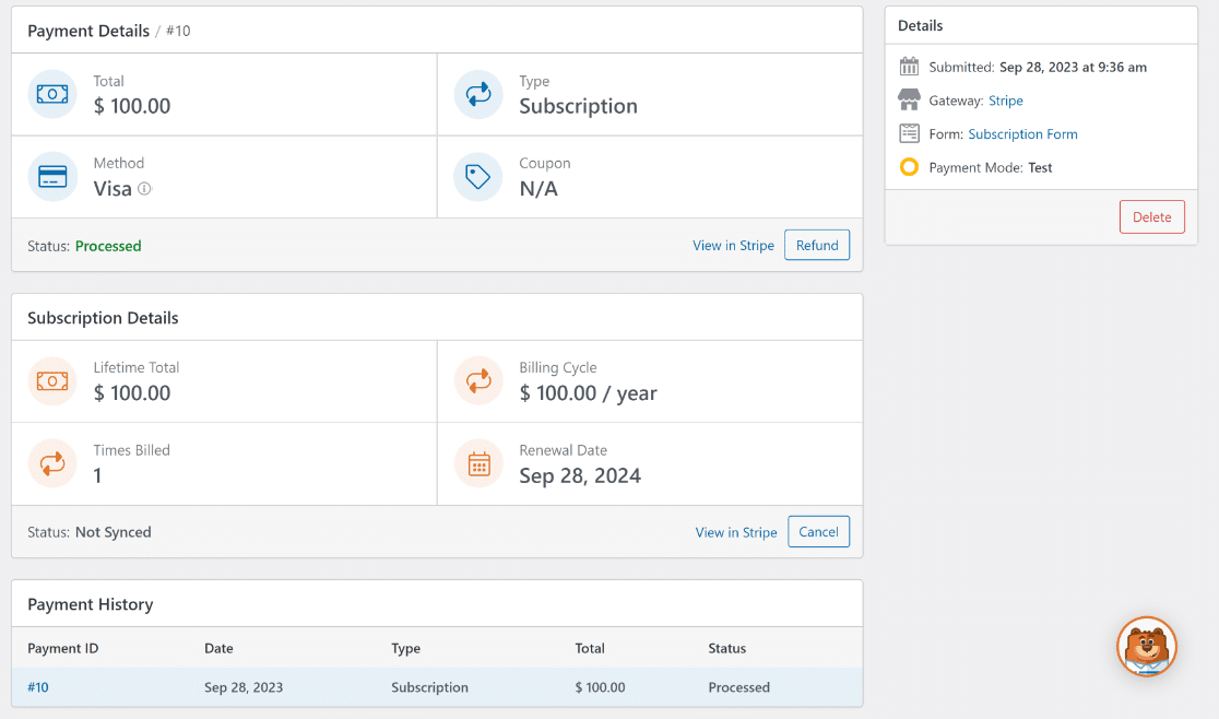 Payments screen in WPForms