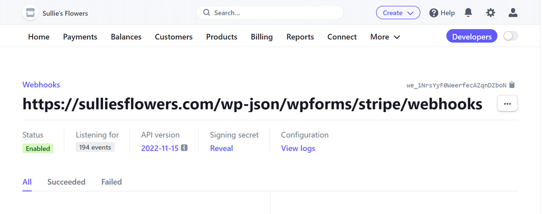 Webhook created in Stripe