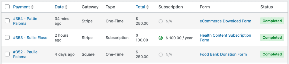 WPForms payment table