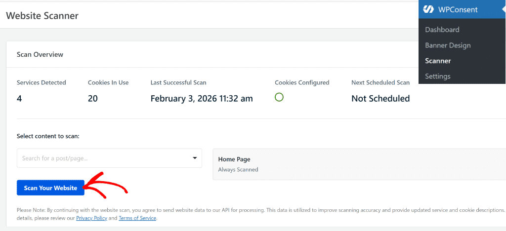 Scanner de cookies do site no WPConsent