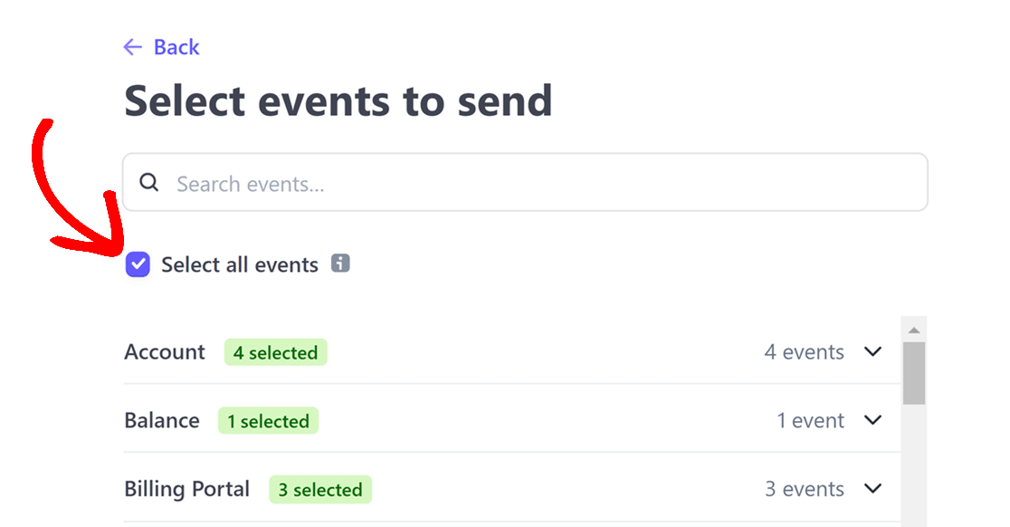 Select all events checkbox