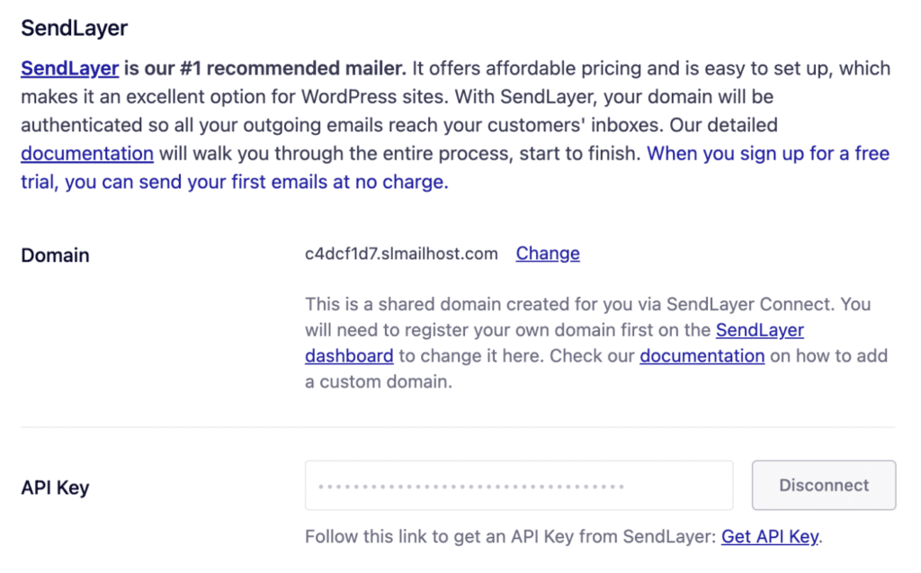 Conexão rápida com o domínio e a chave API do Sendlayer