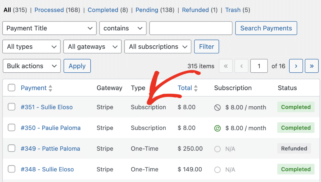 Viewing a recurring payment in the Payments screen