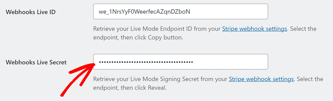 Webhooks Live Secret field