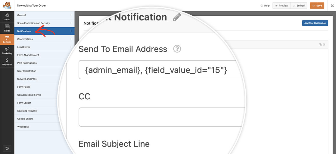 add the field value smart tag to the send to email address field