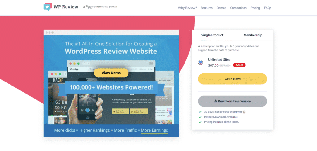 「View Demo」と題された青いデモ画像、「100,000+ Websites Powered!」と表示され、右側には「Single Product」と「Membership」のタブが付いた白い価格カードが表示されているヒーローセクション