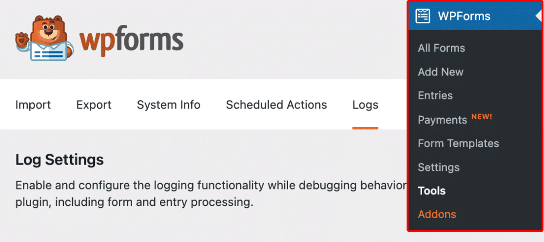 Accessing the WPForms Logs tool