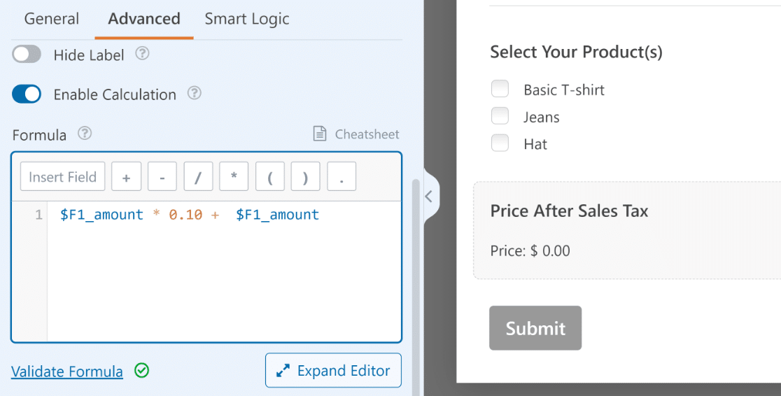 Adding a basic formula to a calculation field