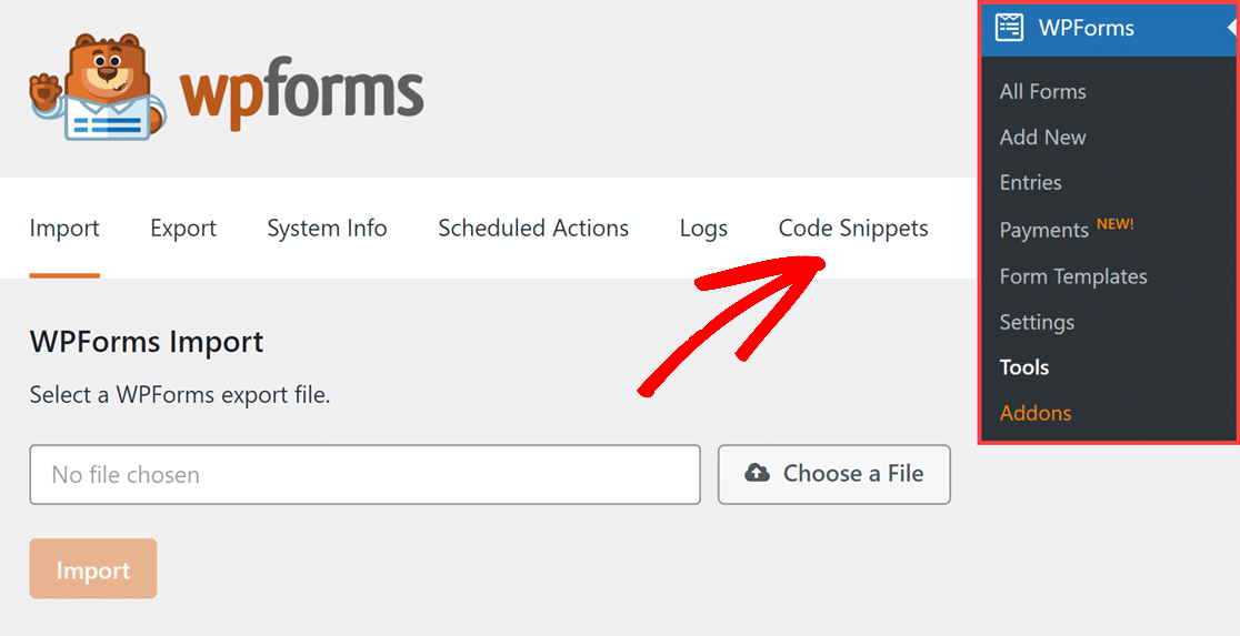 Code Snippets tab in WPForms