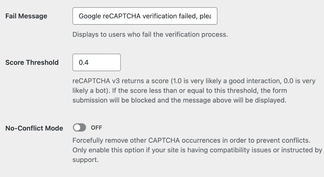 Additional reCAPTCHA settings in WPForms