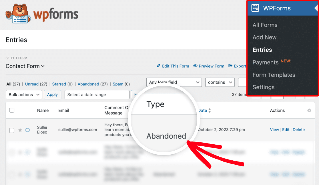 Viewing an abandoned form entry