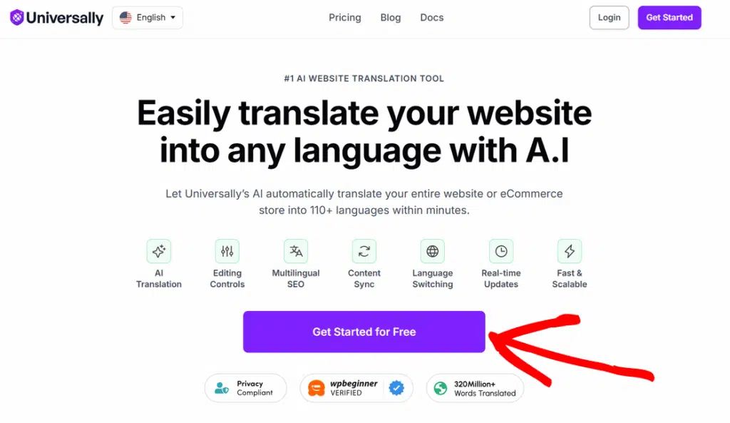 Fai clic sul pulsante Inizia gratuitamente sul sito web di Universally