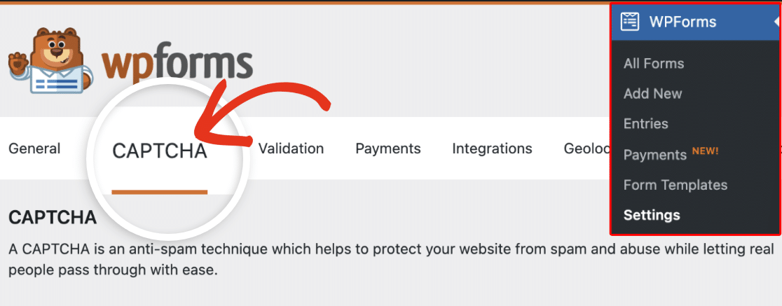 WPForms CAPTCHA settings