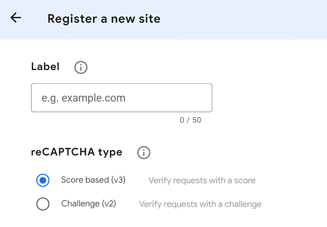 Register a new site with Google reCAPTCHA