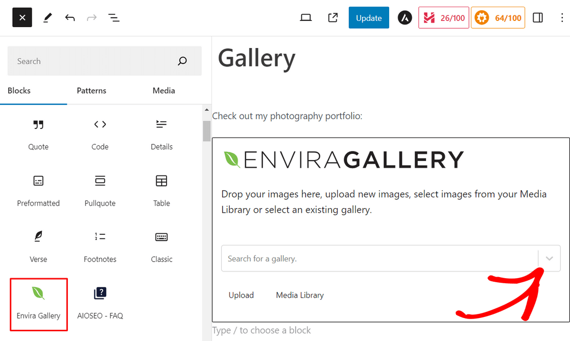 Add Envira Gallery block to display your image gallery in WordPress