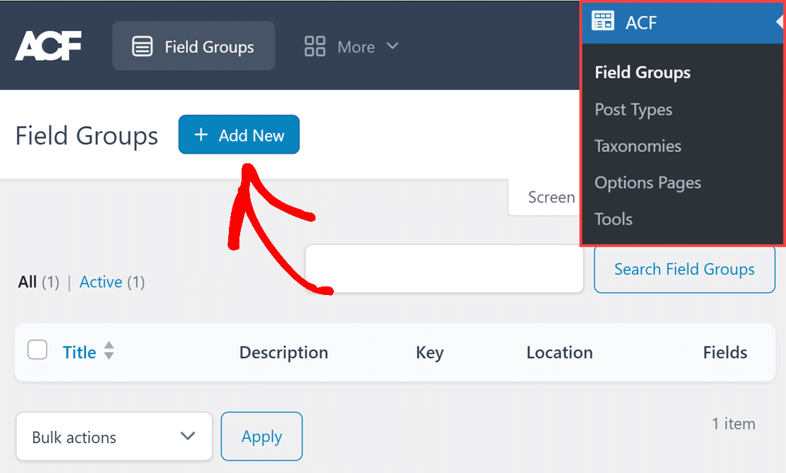 Accessing the Advanced Custom Fields Add New Field Group screen
