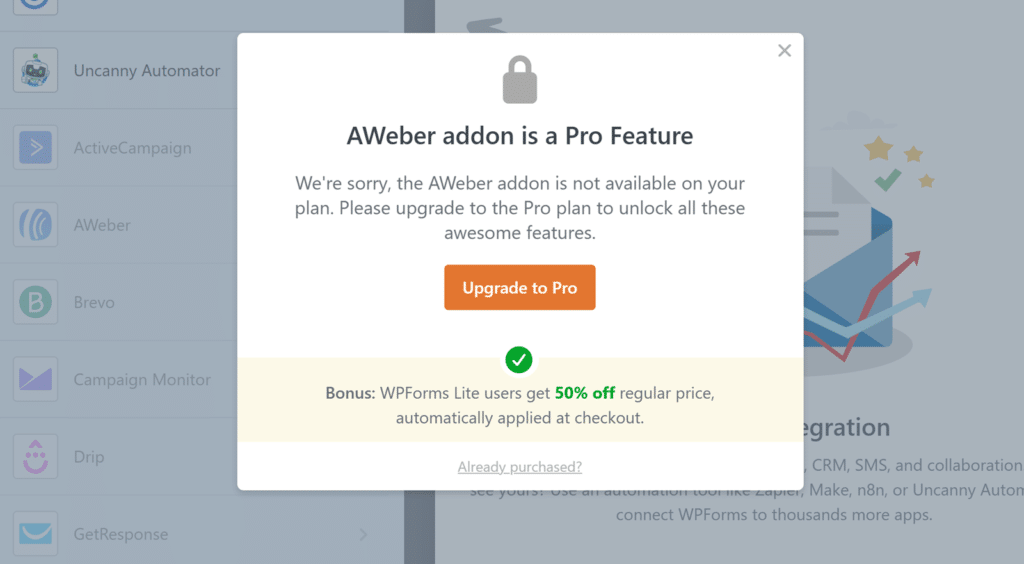 Diálogo modal a anunciar que o add-on AWeber é uma Funcionalidade Pro com um botão laranja 'Upgrade para Pro' e uma barra de aviso bónus amarela.