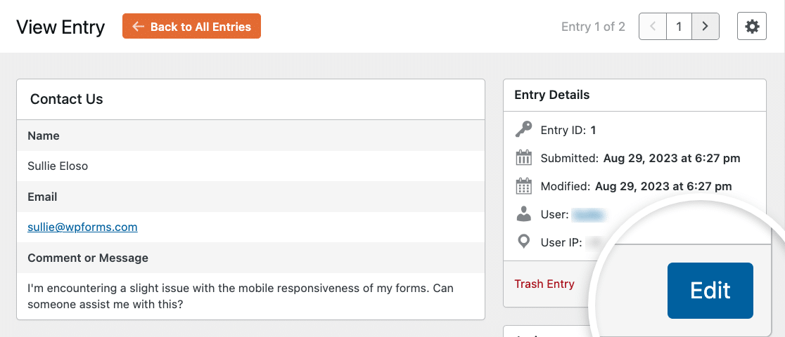 Editing a form entry