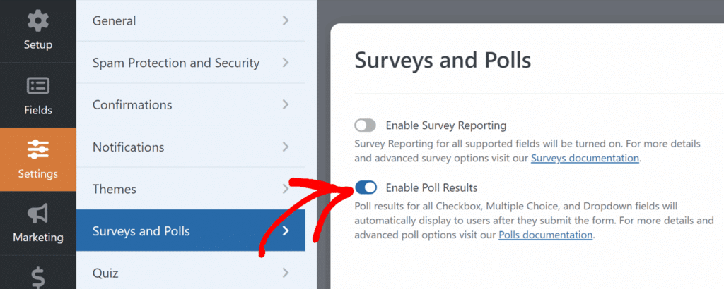 Ativar resultados de sondagens para um formulário